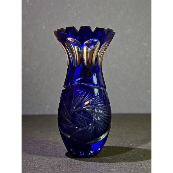 Vintage Cobalt Blue Cut to Clear Crystal Vase